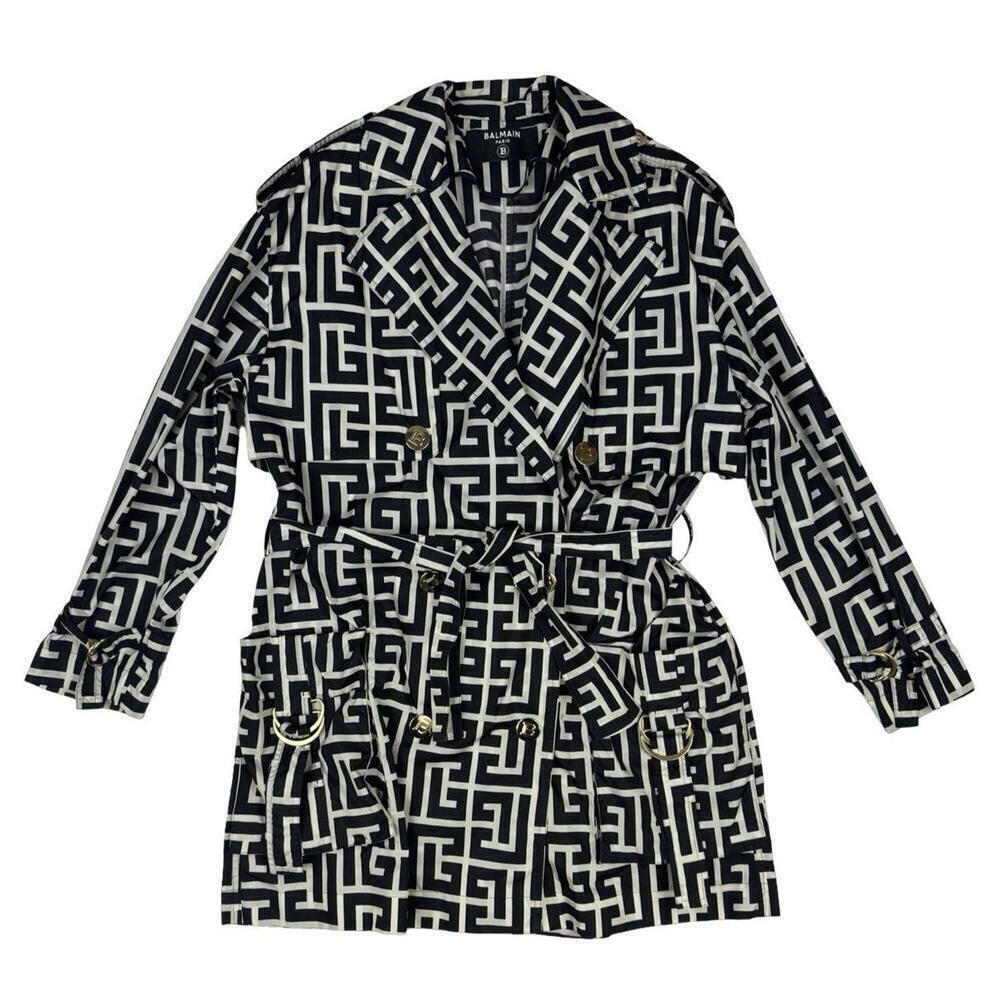 Balmain Monogram Belted Short Trench Coat Black Ivory Size 36 | S